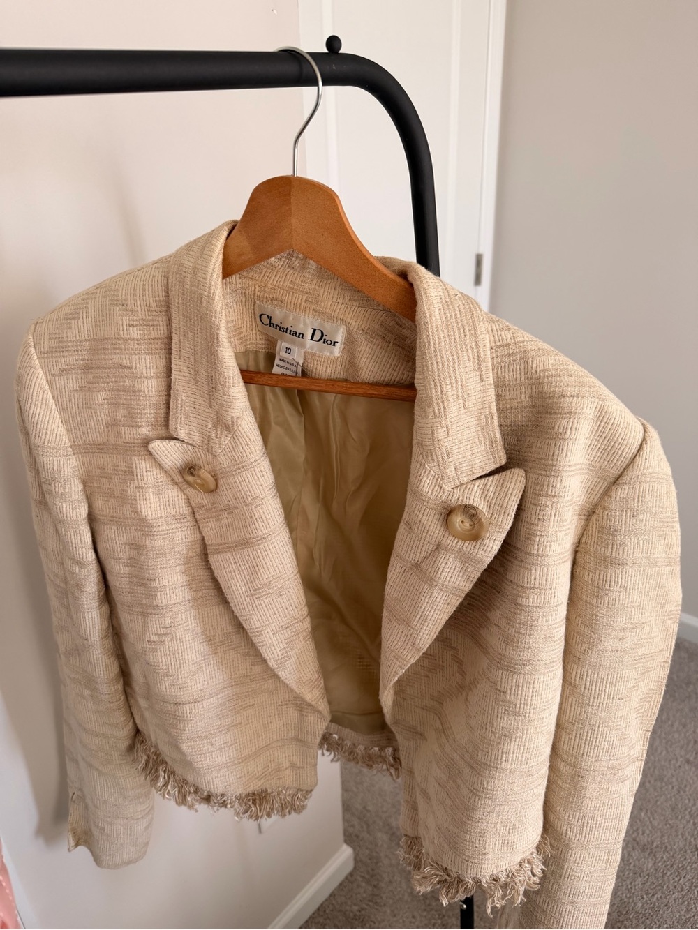 Vintage Christian Dior Suit Set Women's Beige Cropped Fringe Jacket & Trousers